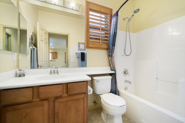 full bathroom with toilet, vanity, and shower / bathtub combination with curtain