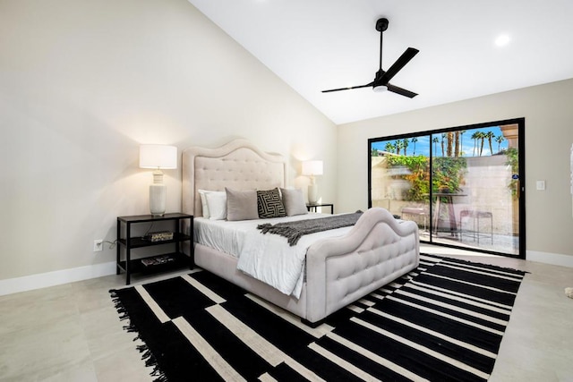 bedroom featuring ceiling fan and high vaulted ceiling