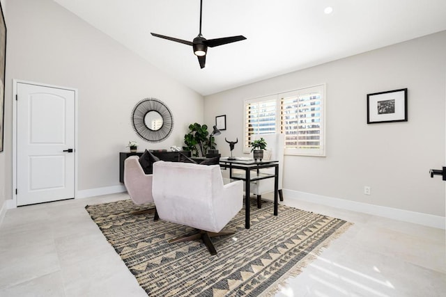 home office with ceiling fan and high vaulted ceiling