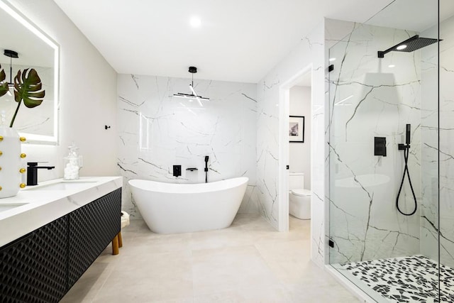 full bathroom featuring vanity, toilet, and shower with separate bathtub