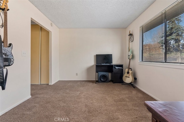 carpeted living room featuring a textured ceiling