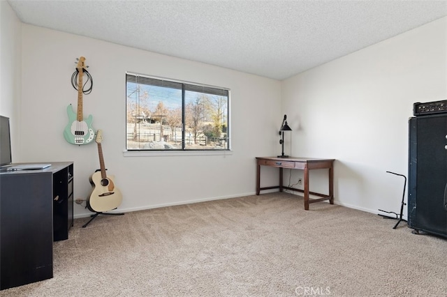 miscellaneous room featuring a textured ceiling and light colored carpet