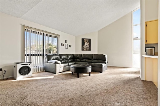 living room with vaulted ceiling, a textured ceiling, and light colored carpet