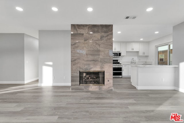 kitchen with appliances with stainless steel finishes, light wood-type flooring, a fireplace, white cabinets, and sink