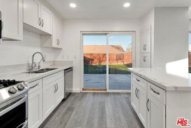 kitchen featuring hardwood / wood-style floors, appliances with stainless steel finishes, light stone countertops, white cabinets, and sink