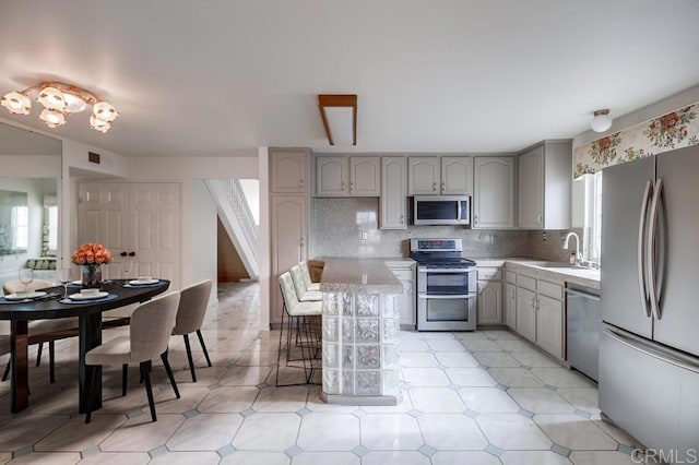 kitchen featuring sink, backsplash, appliances with stainless steel finishes, and gray cabinets