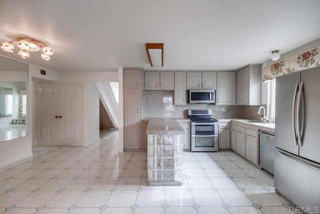 kitchen featuring gray cabinets, appliances with stainless steel finishes, decorative backsplash, and sink