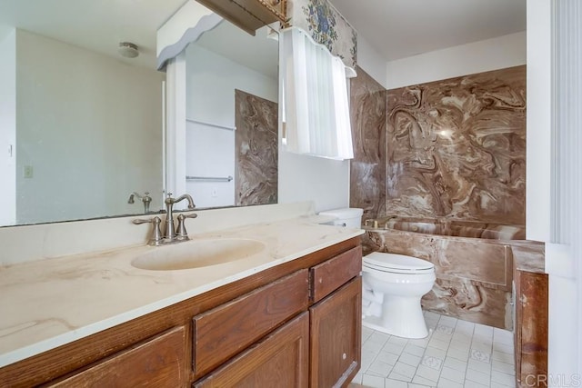 full bathroom with washtub / shower combination, toilet, and vanity