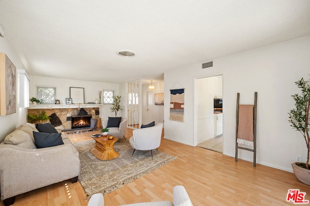 living room featuring wood-type flooring and a stone fireplace