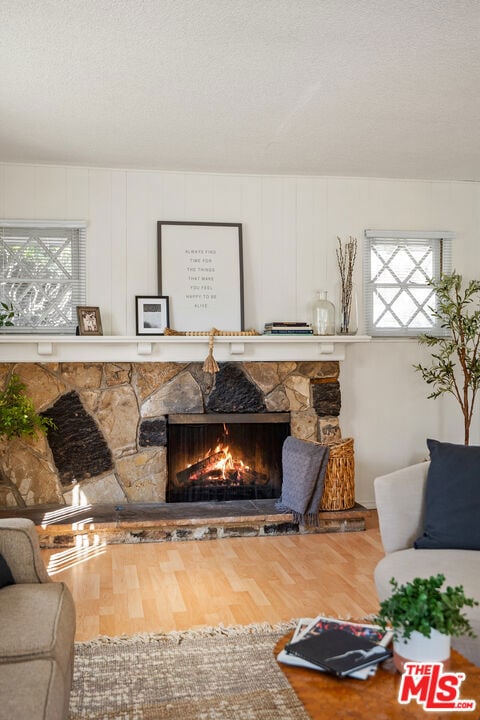 living room featuring a fireplace, a textured ceiling, and hardwood / wood-style flooring