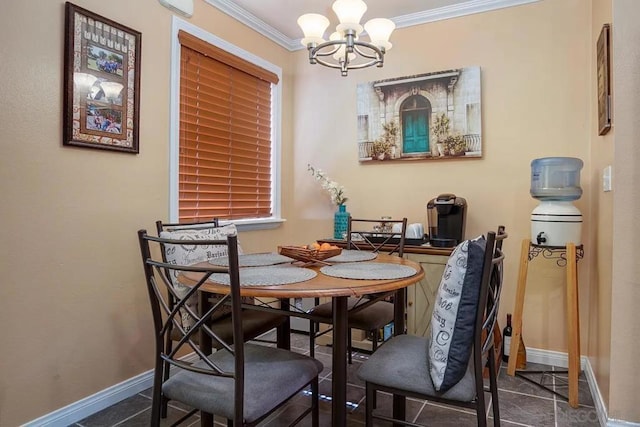 dining room featuring a chandelier, crown molding, and dark tile patterned flooring