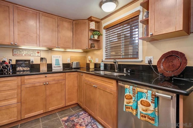 kitchen featuring sink, dishwasher, and dark stone counters