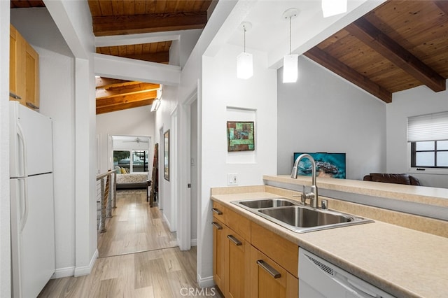 kitchen featuring wooden ceiling, sink, white appliances, and lofted ceiling with beams