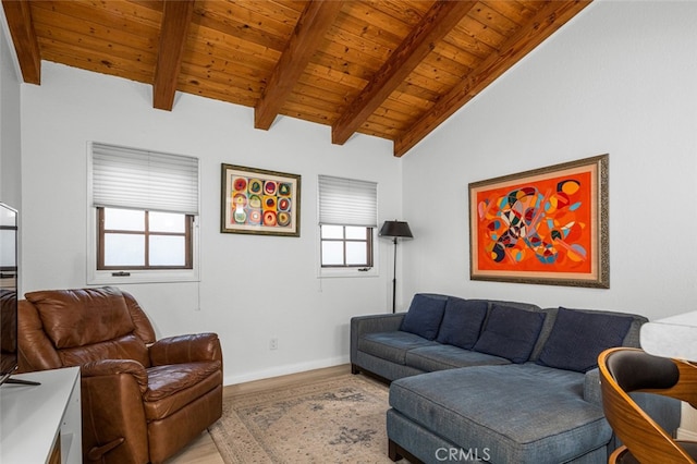 living room featuring wood-type flooring, wood ceiling, and vaulted ceiling with beams