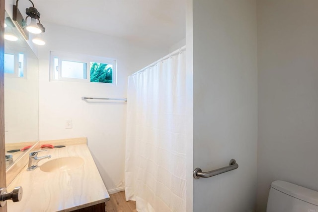 bathroom with hardwood / wood-style flooring, toilet, and vanity