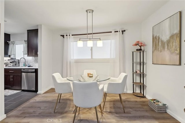 dining room with sink and hardwood / wood-style floors