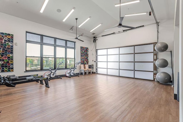 exercise room with ceiling fan, high vaulted ceiling, and hardwood / wood-style floors