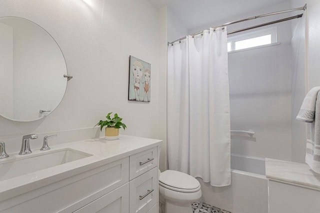 full bathroom with toilet, vanity, and shower / bathtub combination with curtain