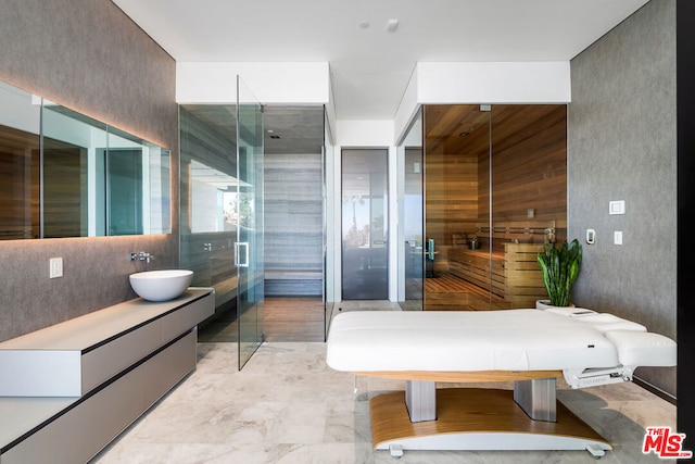 bathroom featuring walk in shower and vanity