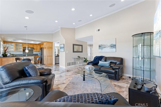 living room featuring ornamental molding and lofted ceiling