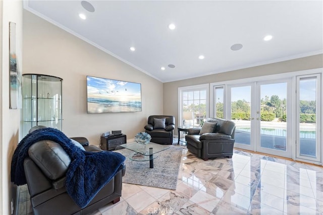 living room featuring ornamental molding, french doors, and vaulted ceiling