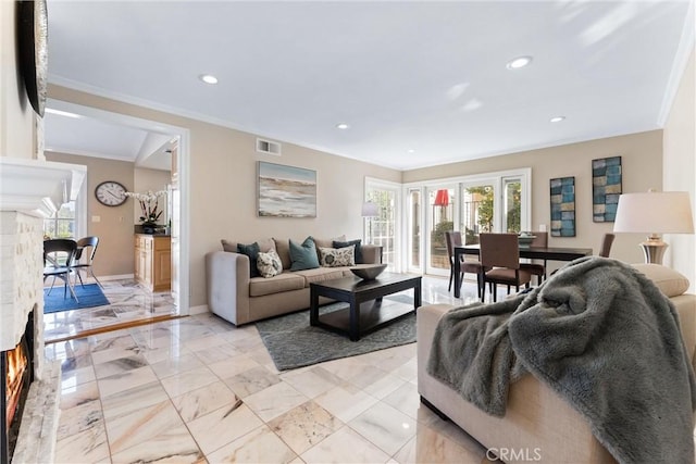 living room featuring a fireplace