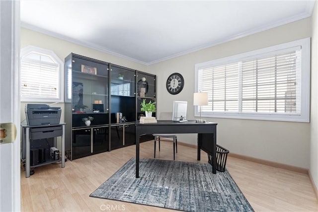 home office with crown molding and wood-type flooring