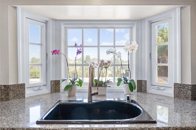 room details with light stone countertops and sink