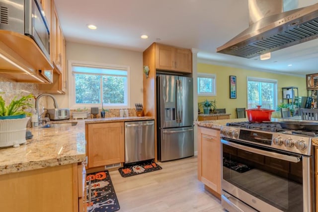 kitchen featuring light hardwood / wood-style floors, sink, light stone countertops, appliances with stainless steel finishes, and ventilation hood