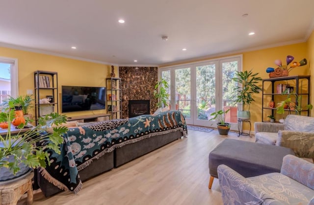 living room with a large fireplace, a wealth of natural light, crown molding, and light hardwood / wood-style floors