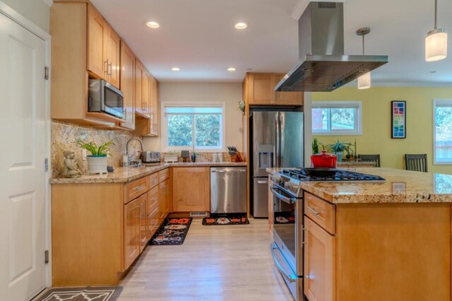 kitchen featuring tasteful backsplash, light hardwood / wood-style floors, pendant lighting, island exhaust hood, and appliances with stainless steel finishes