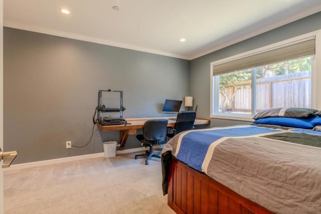 bedroom with light colored carpet and ornamental molding