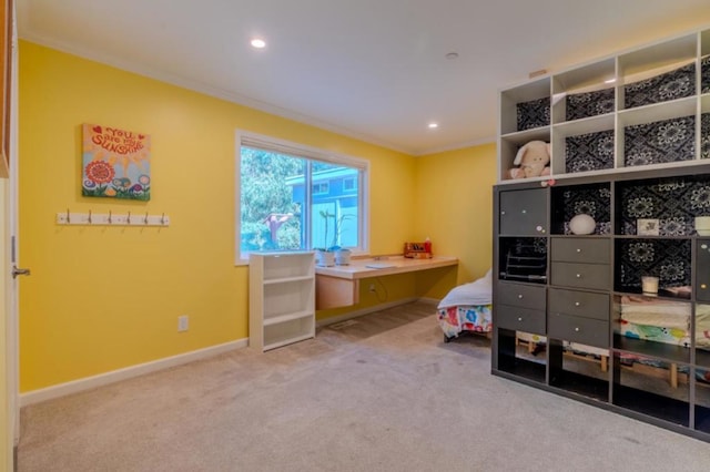 interior space featuring light colored carpet and crown molding