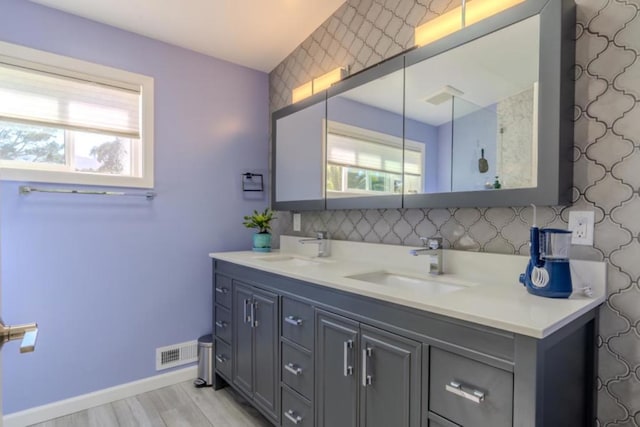 bathroom featuring vanity, decorative backsplash, and wood-type flooring