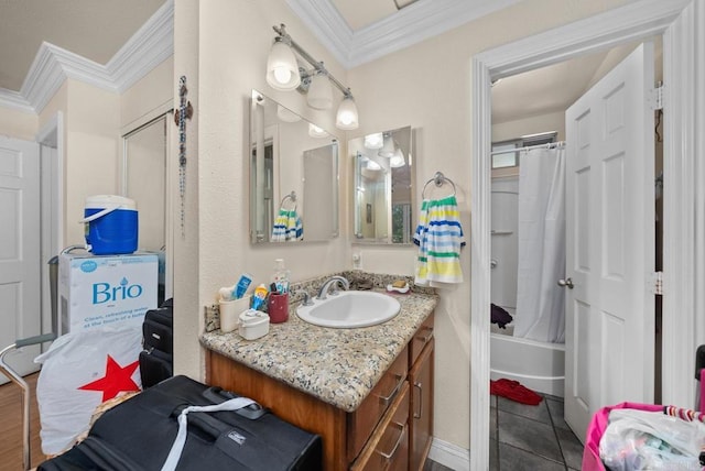 bathroom with ornamental molding, shower / bathtub combination with curtain, tile patterned floors, and vanity