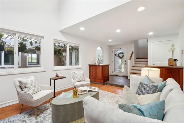 living room featuring a healthy amount of sunlight and light hardwood / wood-style floors