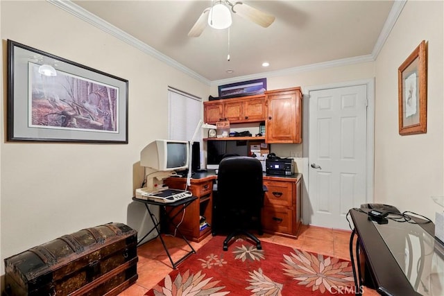 office space with ceiling fan, light tile patterned floors, and ornamental molding