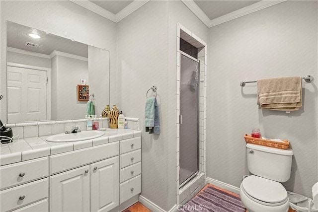 bathroom featuring toilet, a shower with door, ornamental molding, and vanity