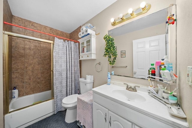 full bathroom with tile patterned floors, toilet, vanity, and shower / bathtub combination with curtain