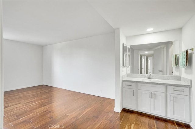 bathroom with wood-type flooring and vanity