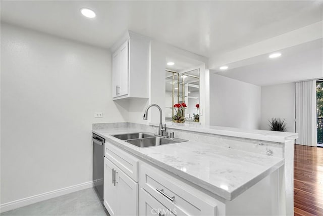 kitchen with white cabinetry, kitchen peninsula, dishwasher, light stone counters, and sink