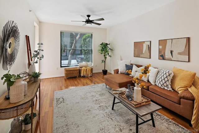 living room featuring ceiling fan and wood-type flooring