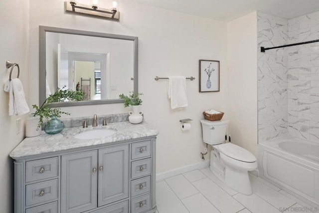 full bathroom featuring toilet, vanity, tiled shower / bath combo, and tile patterned floors