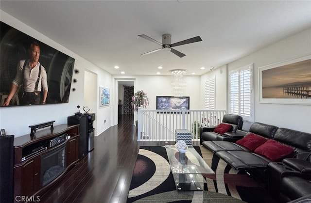 living room with recessed lighting, ceiling fan, and wood finished floors