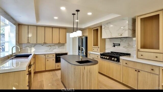 kitchen with a raised ceiling, a kitchen island with sink, light brown cabinets, stainless steel appliances, and custom range hood