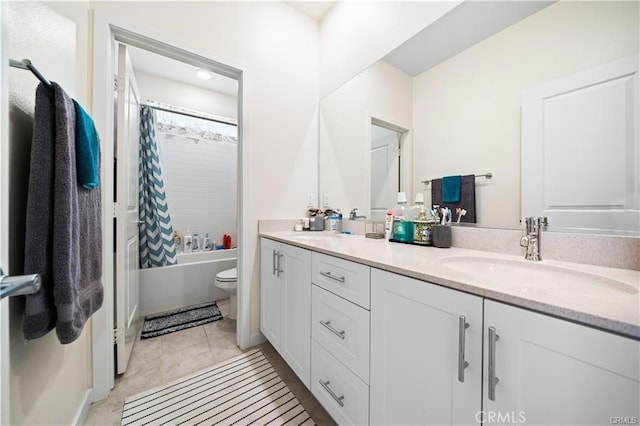 full bathroom with toilet, shower / bath combination with curtain, tile patterned floors, and vanity