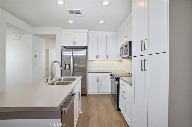 kitchen featuring light hardwood / wood-style flooring, white cabinets, stainless steel appliances, a kitchen island with sink, and backsplash