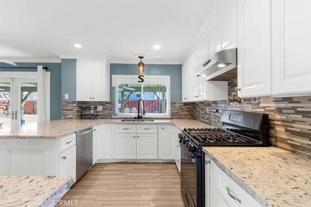 kitchen with sink, stainless steel dishwasher, white cabinets, and black range with gas cooktop