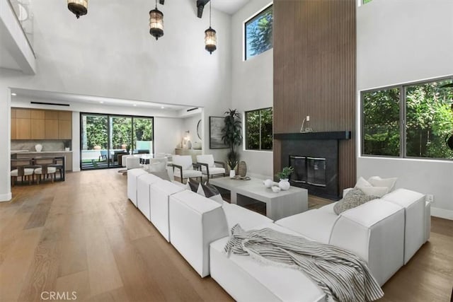 living room featuring a fireplace, a high ceiling, and light hardwood / wood-style flooring