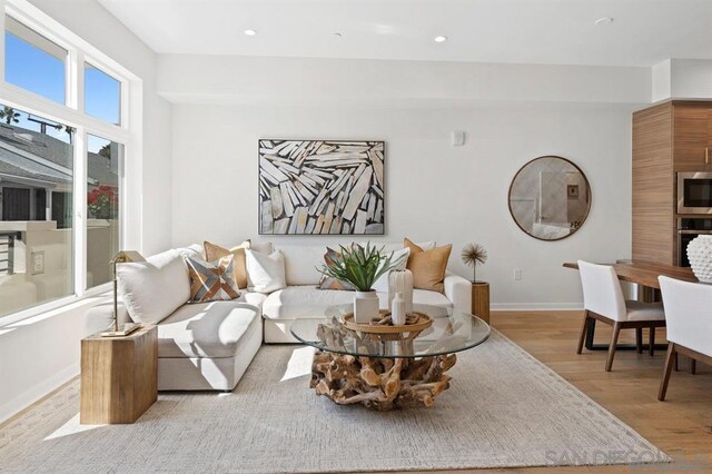 living room with light hardwood / wood-style flooring